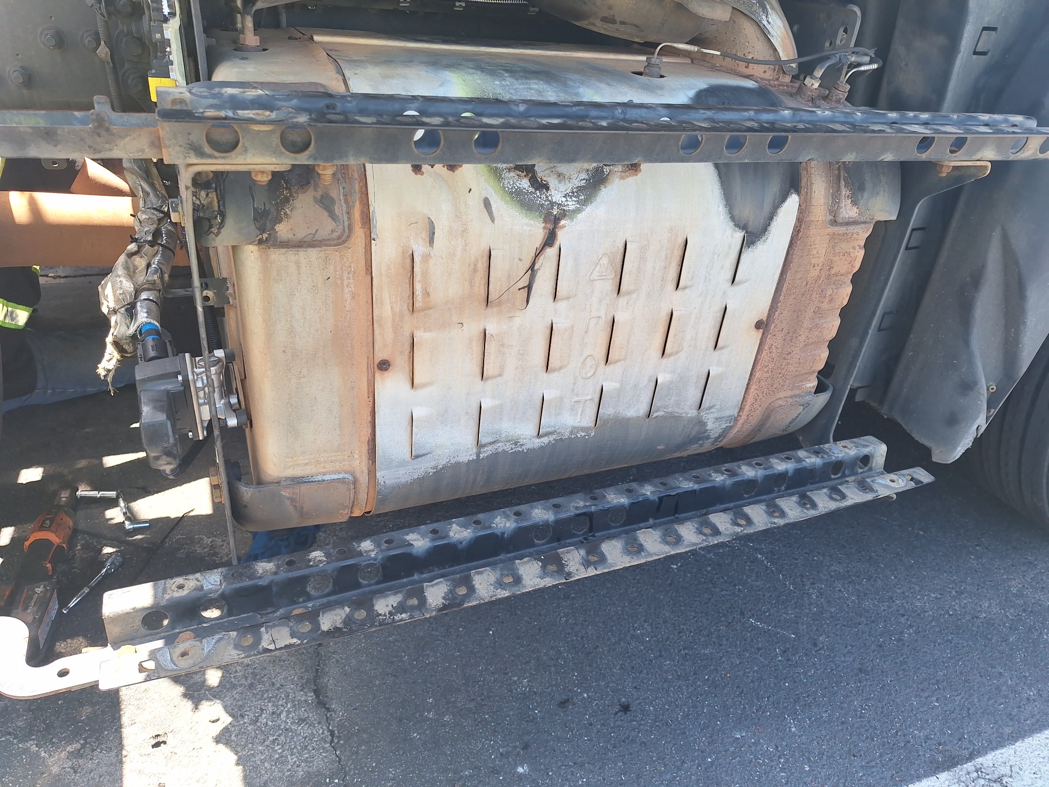 Heavy truck component undergoing on-site repair